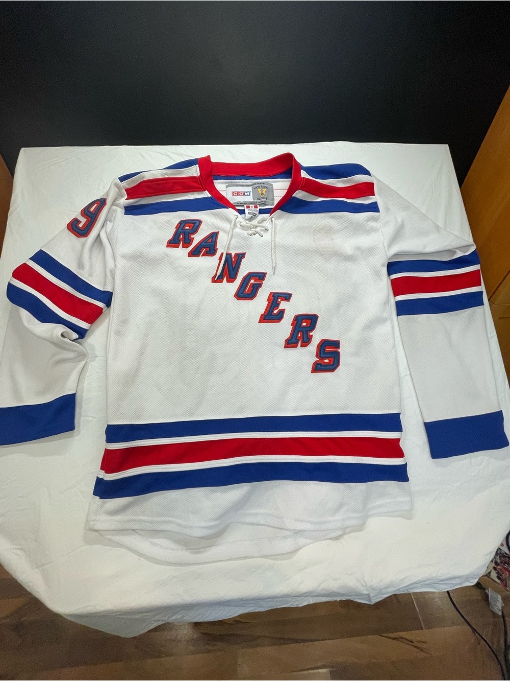 Vintage New York Rangers #99 GRETZKY White Hockey Jersey with Red & Blue Trim